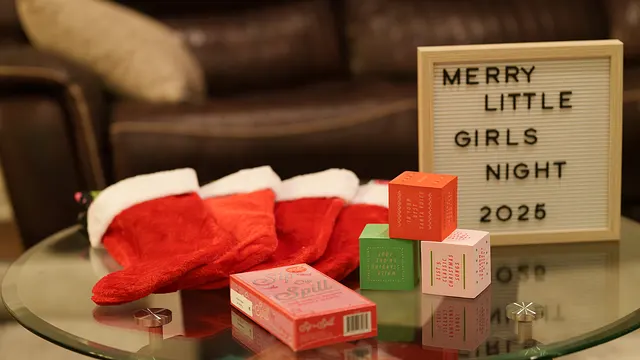 Stockings and gifts on the glass table