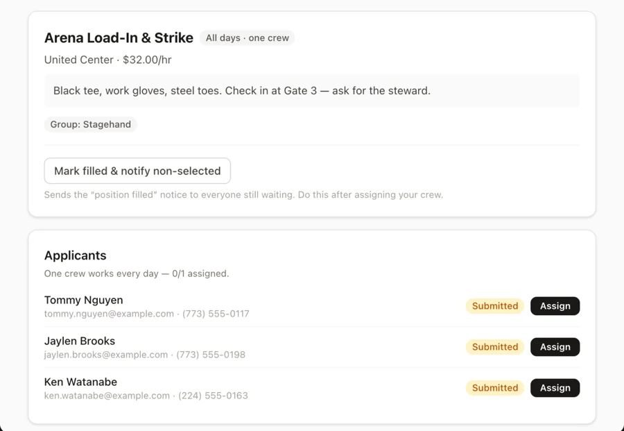 Dispatch assignment screen, using demonstration data