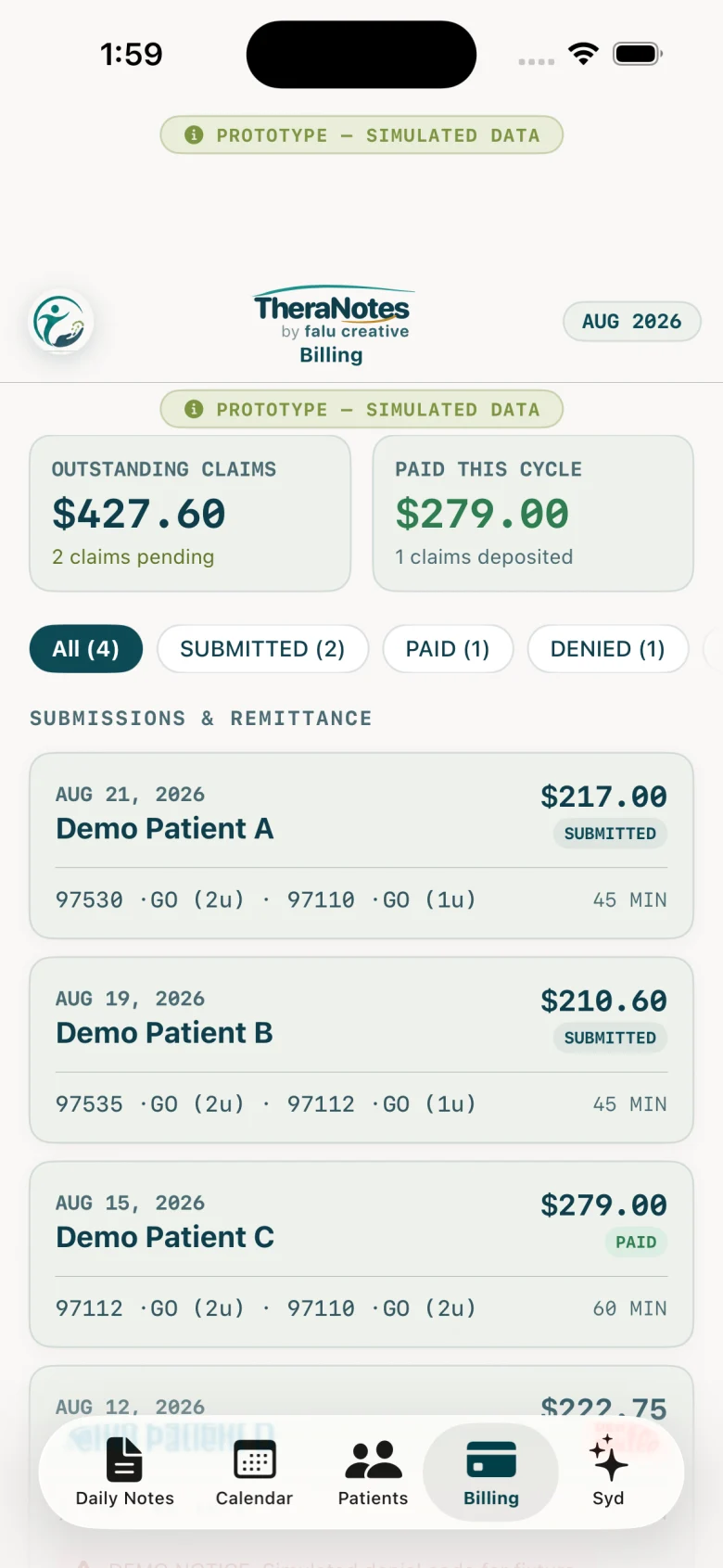 TheraNotes Billing prototype, using simulated data