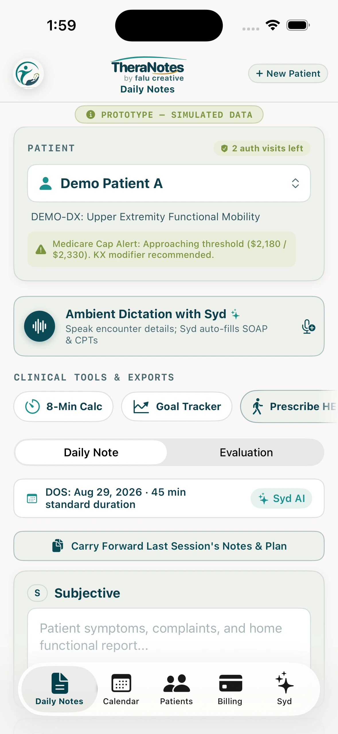 TheraNotes Daily Notes prototype with simulated patient information