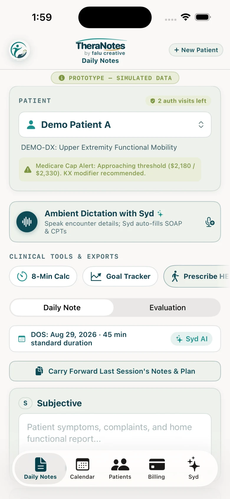 TheraNotes Daily Notes prototype, using simulated data